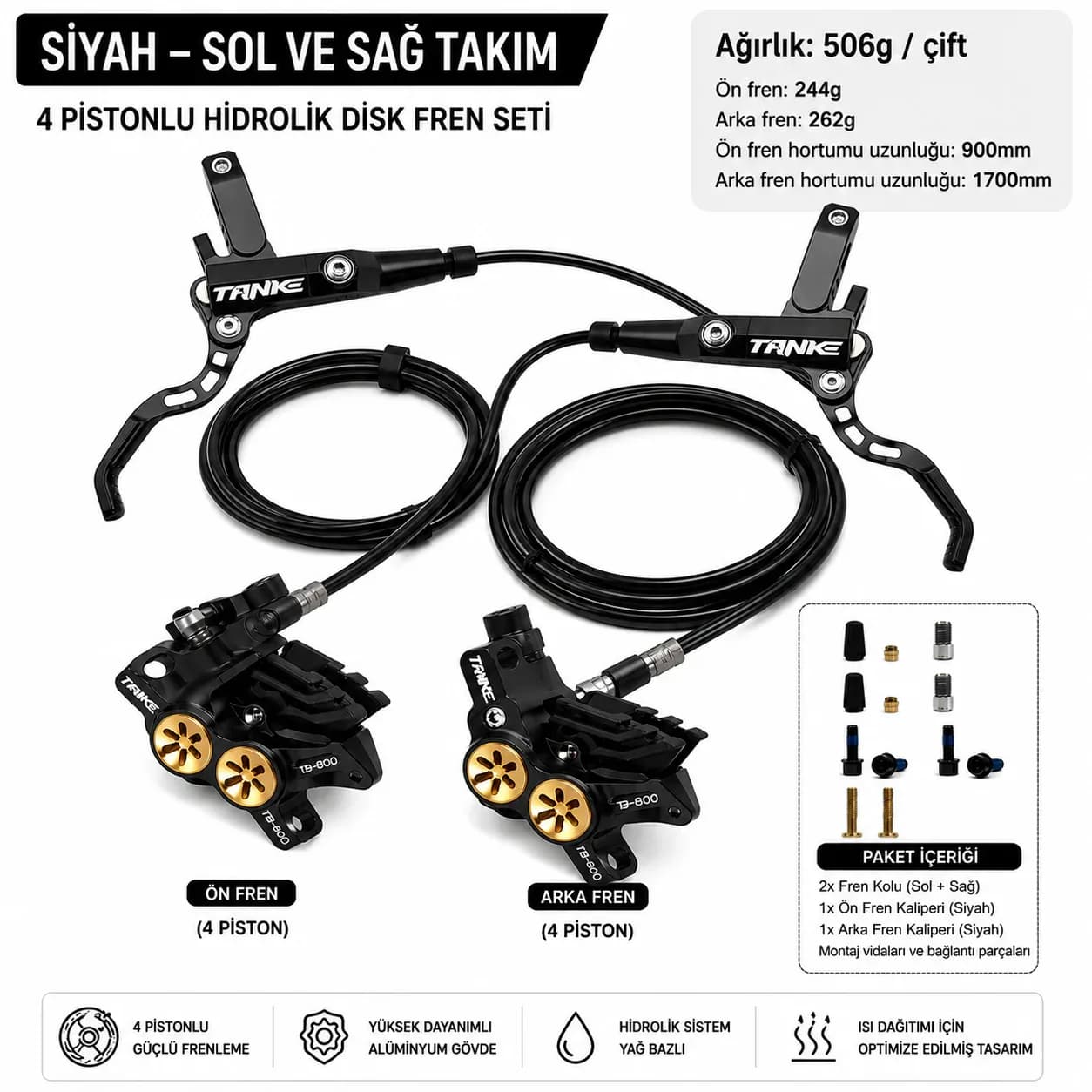 TANKE TB800 SİYAH 4 Pistonlu Hidrolik Disk Fren Seti (Çiftli)